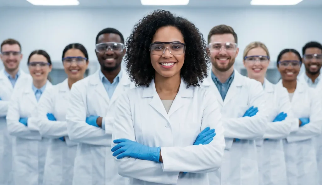 Confident female scientist leading diverse research team