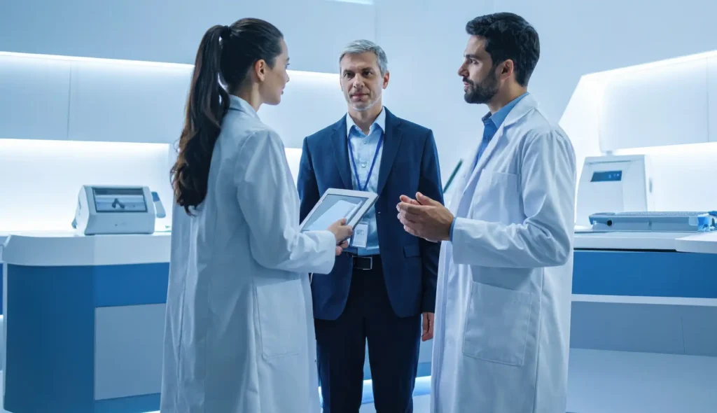 laboratory discussing new equipment with professionals